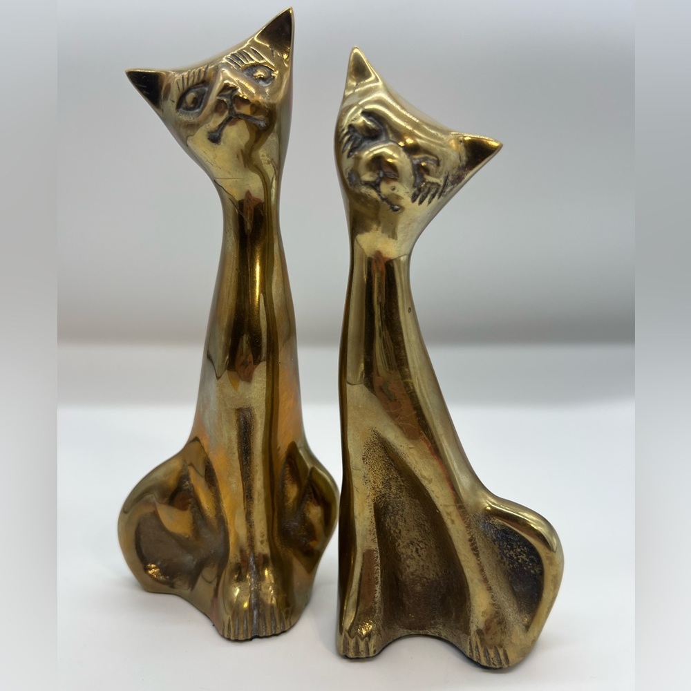 Solid brass MCM pair of cats vintage atomic figurines sculptures 7”